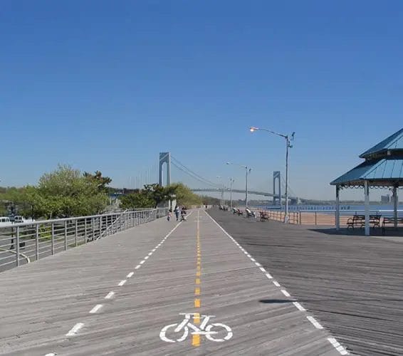 South beach staten island FDR boardwalk with Verrazzano Bridge view.