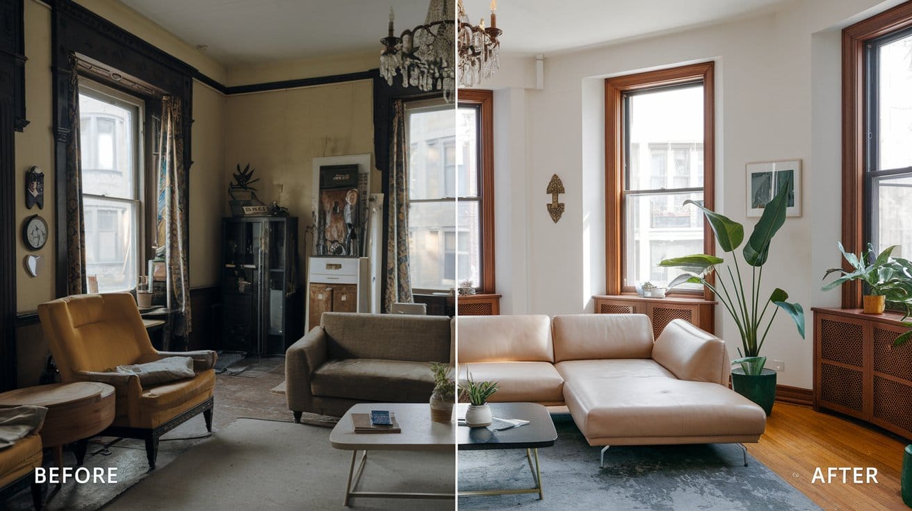 Before and after renovation of a classic New York brownstone interior