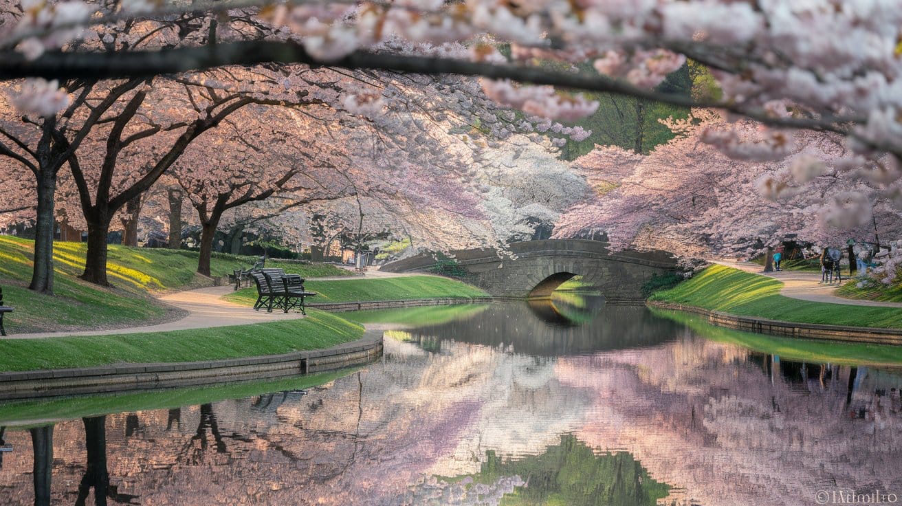 Branch Brook Park in Newark during cherry blossom season with 5,000 flowering trees, lake reflections and walkways in spring