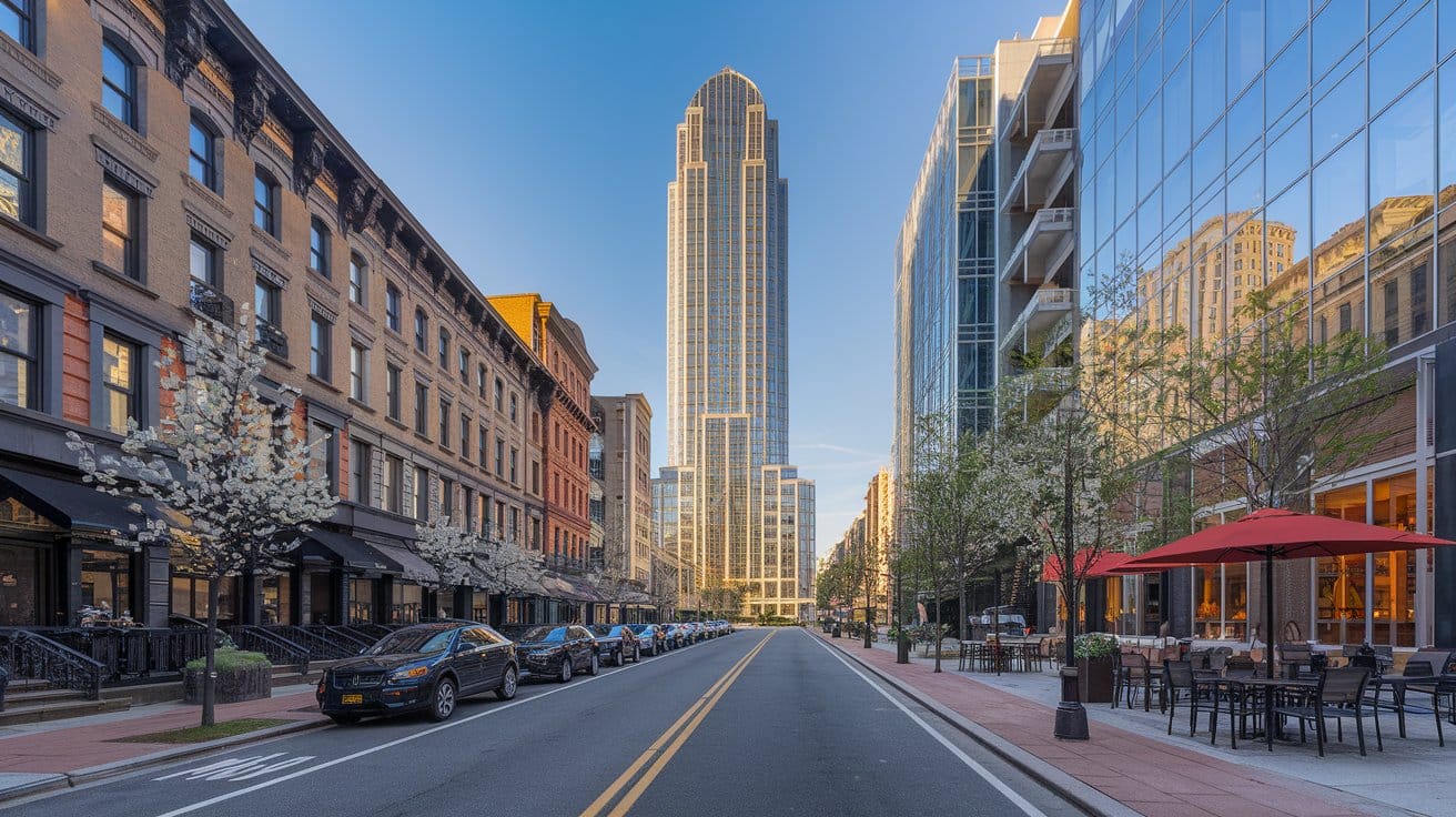 Downtown Newark business district with Prudential headquarters, modern apartments and historic buildings showing urban revitalization