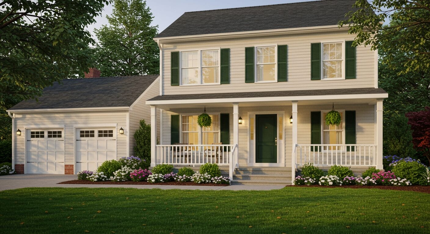 Suburban home exterior at golden hour with manicured lawn and inviting porch.