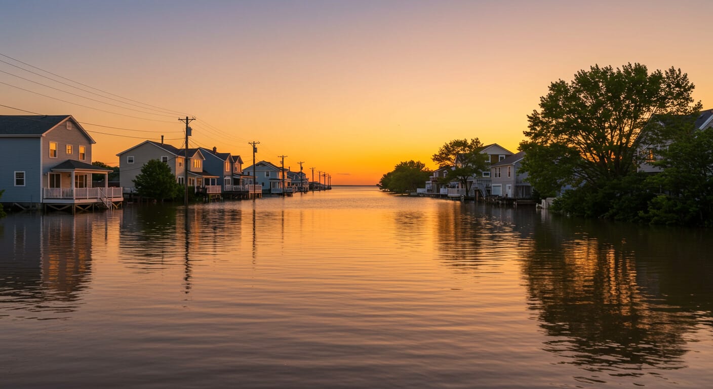 Panoramic sunrise view of shallow floodwater covering a coastal NYC/NJ street lined with elevated homes.