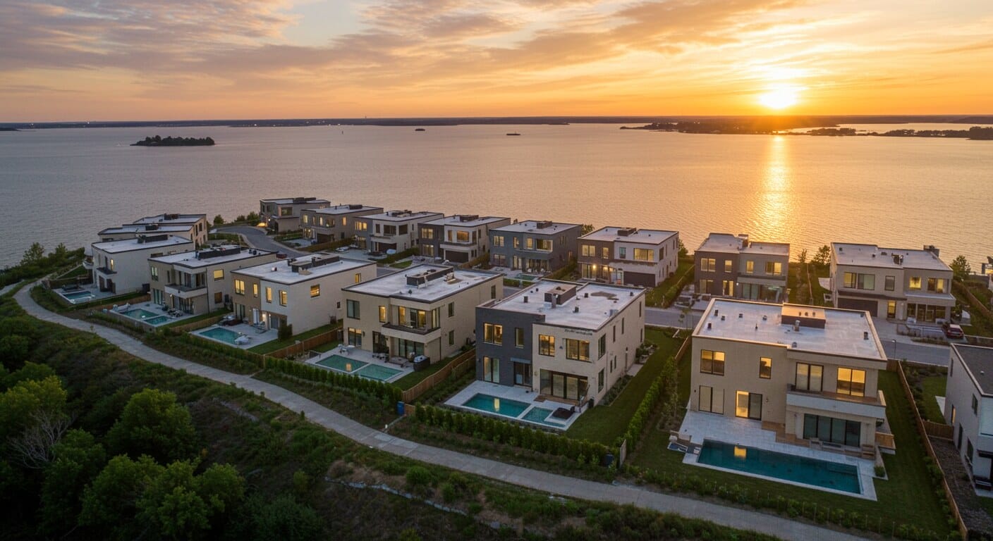 New construction homes overlooking the Staten Island waterfront at sunset.