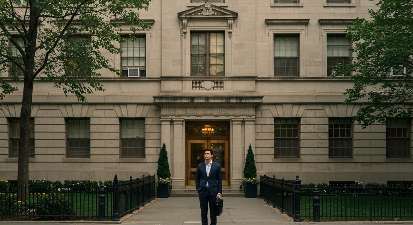 Exterior of classic NYC co-op building before a board interview.