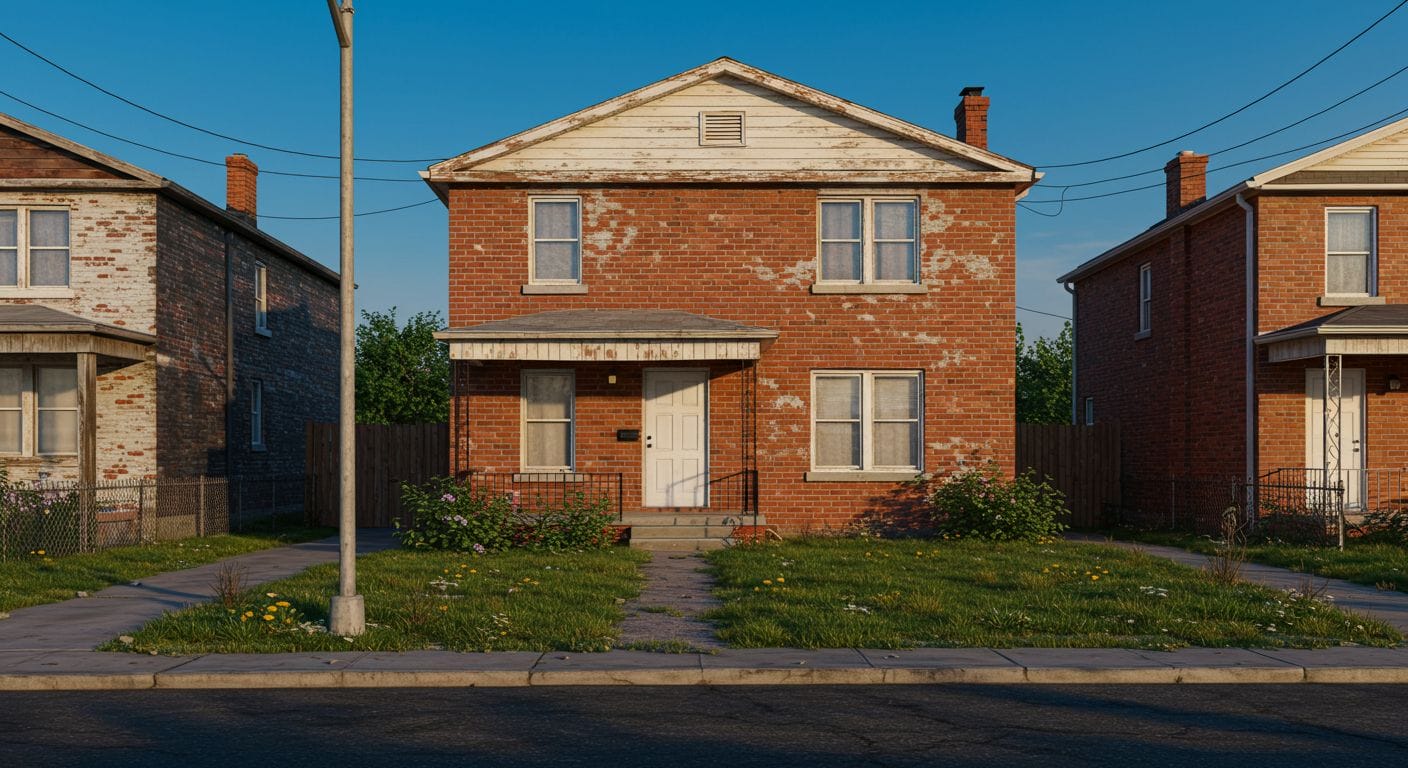Front exterior of a handyman special home in Staten Island ready for renovation, overgrown yard in foreground.