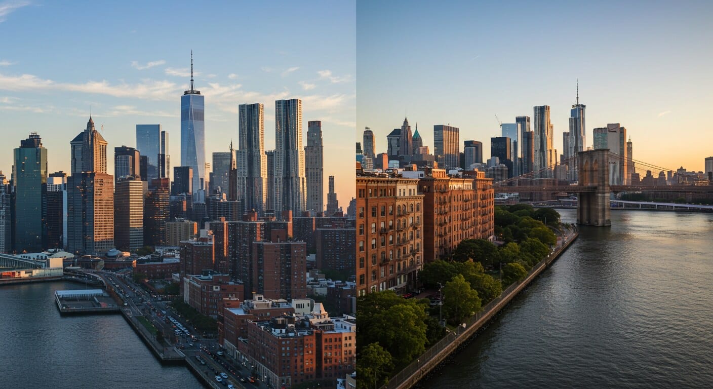 Manhattan skyline and Brooklyn waterfront comparison showing NYC real estate markets for homebuyers in 2025