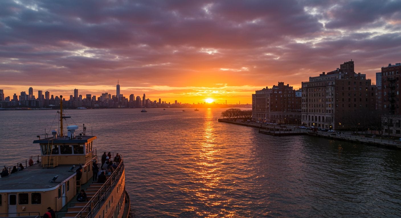 North Shore Staten Island waterfront view from the ferry at sunset