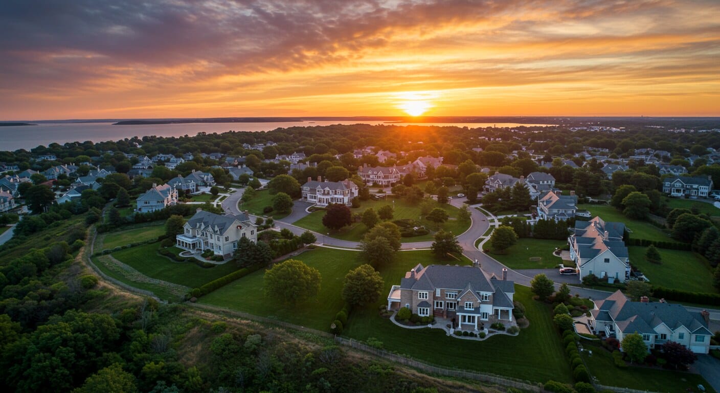 Aerial view of Todt Hill and other affluent Staten Island neighborhoods at sunset