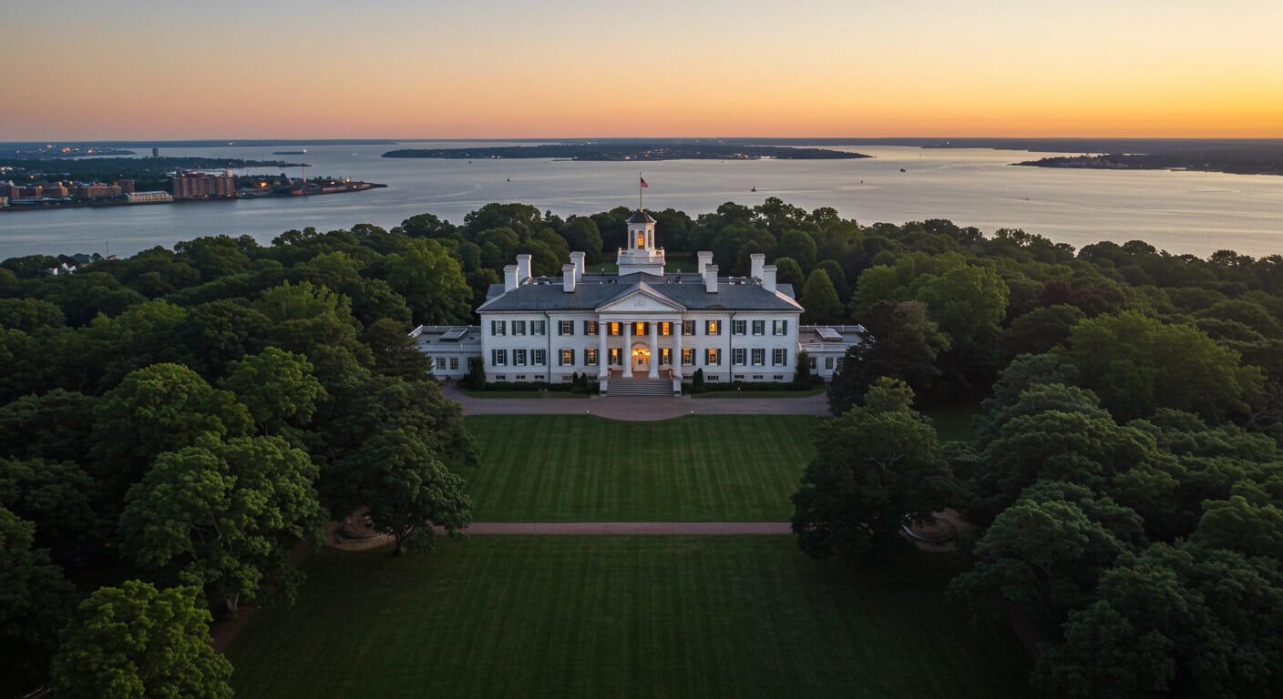 Aerial twilight view of Todt Hill's grand white mansion amid leafy Staten Island estates with New York Harbor skyline beyond.