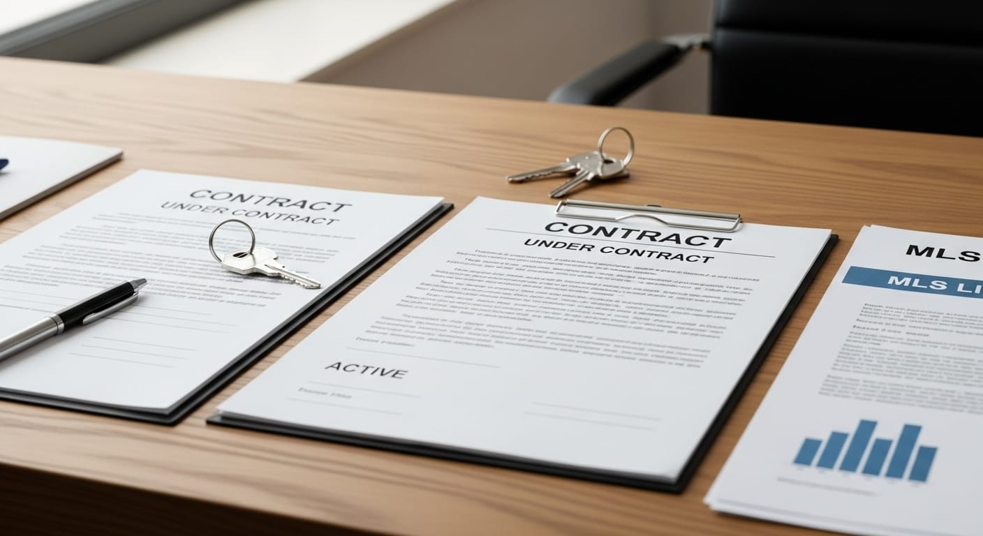 Real estate contract documents showing active under contract status with house keys and property listing papers.