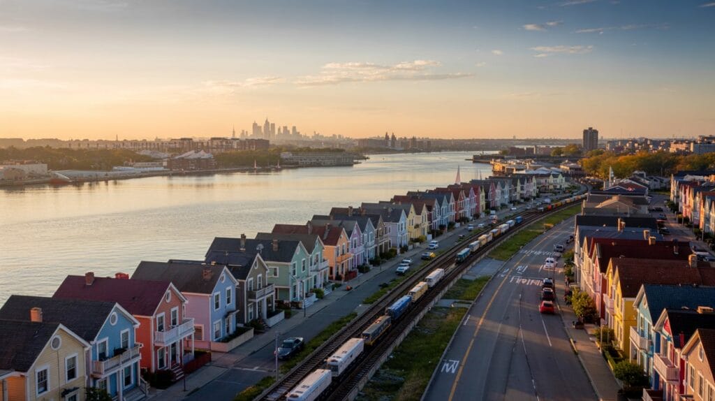 Bayonne NJ waterfront homes and light-rail tracks at sunset with Manhattan skyline in background.