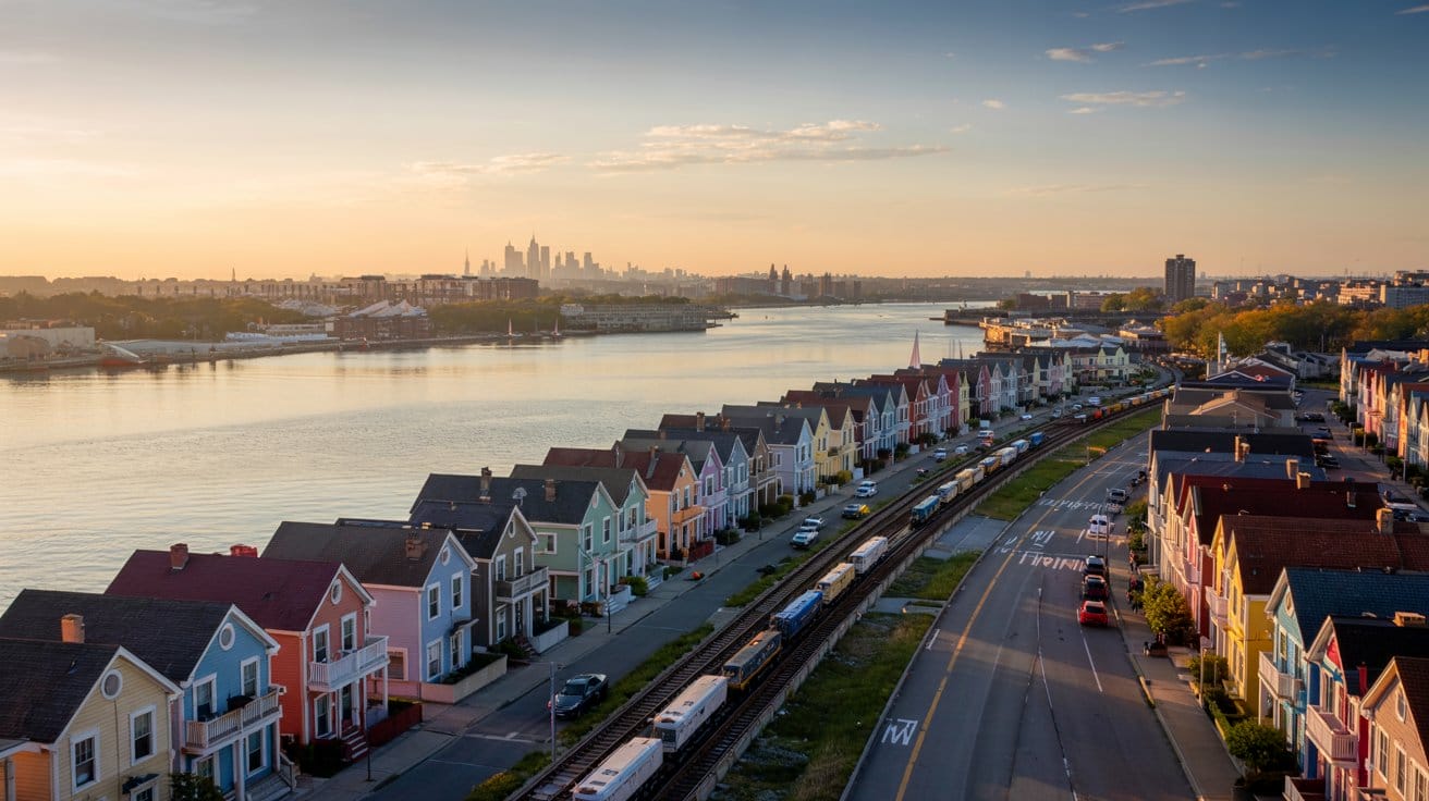 Bayonne NJ waterfront homes and light-rail tracks at sunset with Manhattan skyline in background.