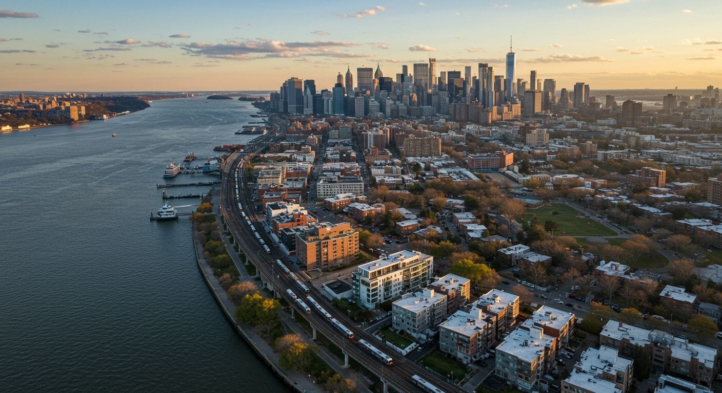 Aerial view of New Jersey commuter towns and Manhattan skyline showing commuter-friendly housing and transportation infrastructure
