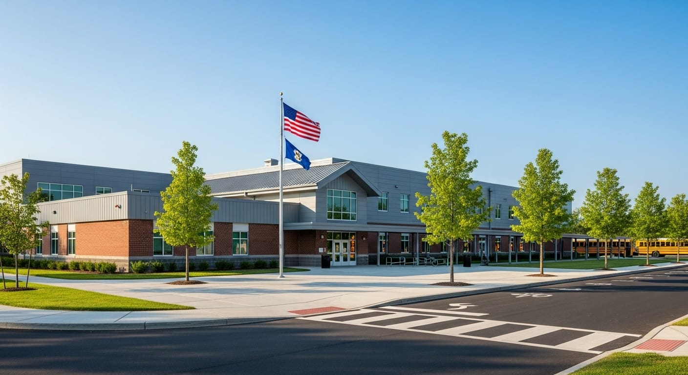 Staten Island school building with students walking to entrance showcasing the best schools in Staten Island.