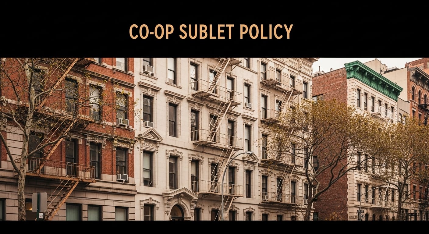 NYC co-op sublet policy documents and apartment building showing board approval process requirements.