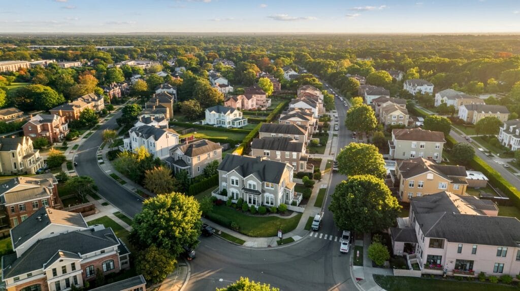 Aerial view of Livingston NJ suburban homes on tree-lined streets.