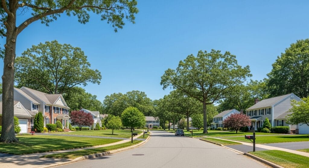 Manalapan NJ suburban neighborhood with tree-lined streets and spacious homes.