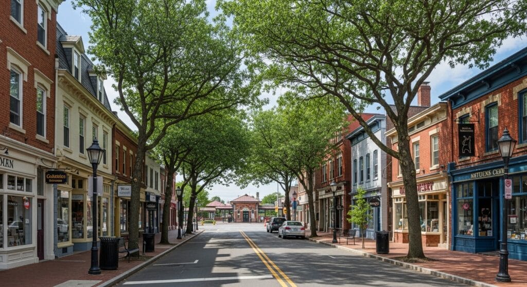 Metuchen NJ downtown Main Street showing tree-lined walkable neighborhood with historic architecture.