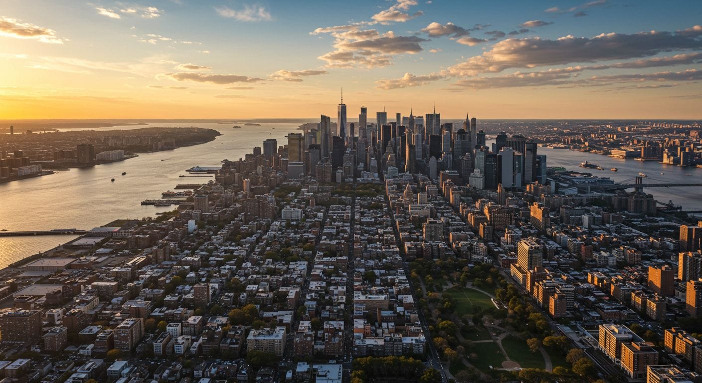 New York City metropolitan area skyline view showing Manhattan skyscrapers and Hudson River with Brooklyn and New Jersey residential neighborhoods in 2025.