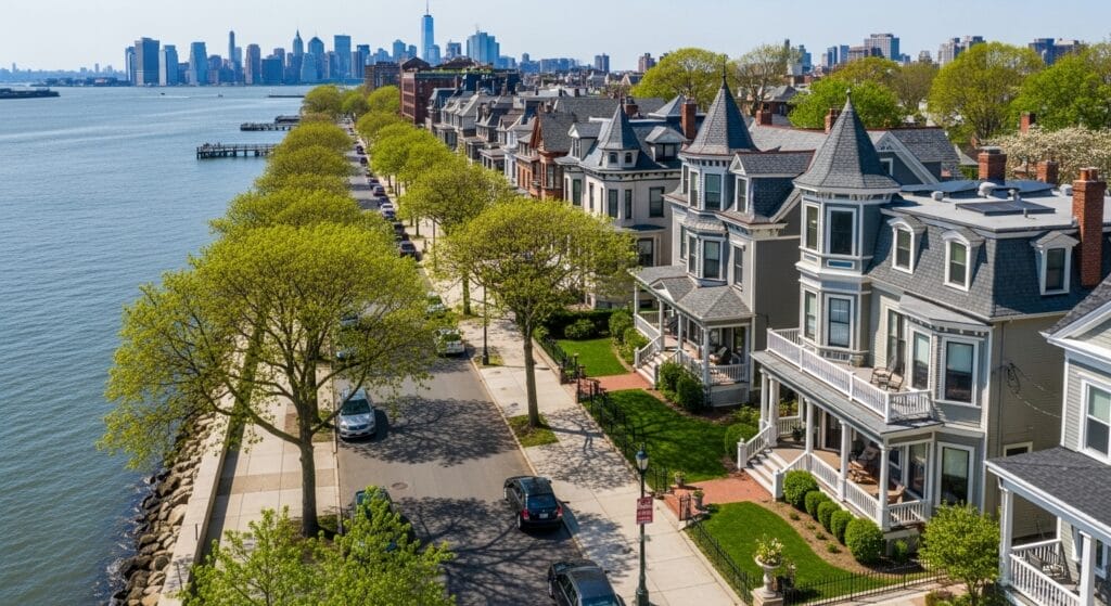 Victorian homes with harbor views along tree-lined North Shore Staten Island waterfront street.