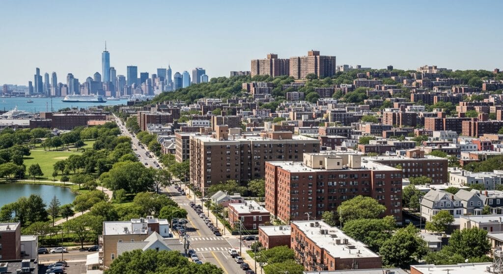 Park Hill Staten Island neighborhood aerial view showing residential apartments and tree-lined streets with Manhattan skyline in background.