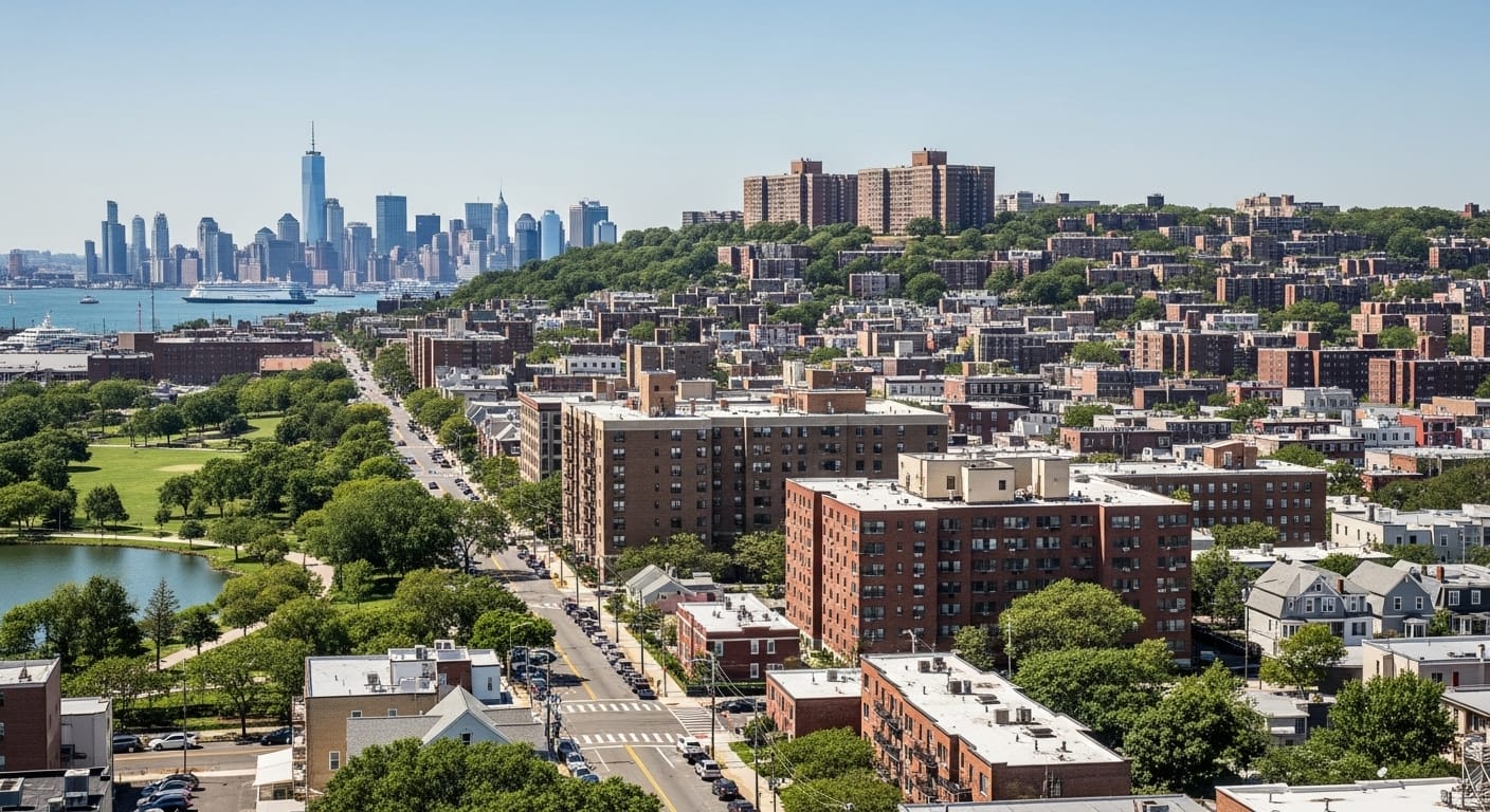 Park Hill Staten Island neighborhood aerial view showing residential apartments and tree-lined streets with Manhattan skyline in background.