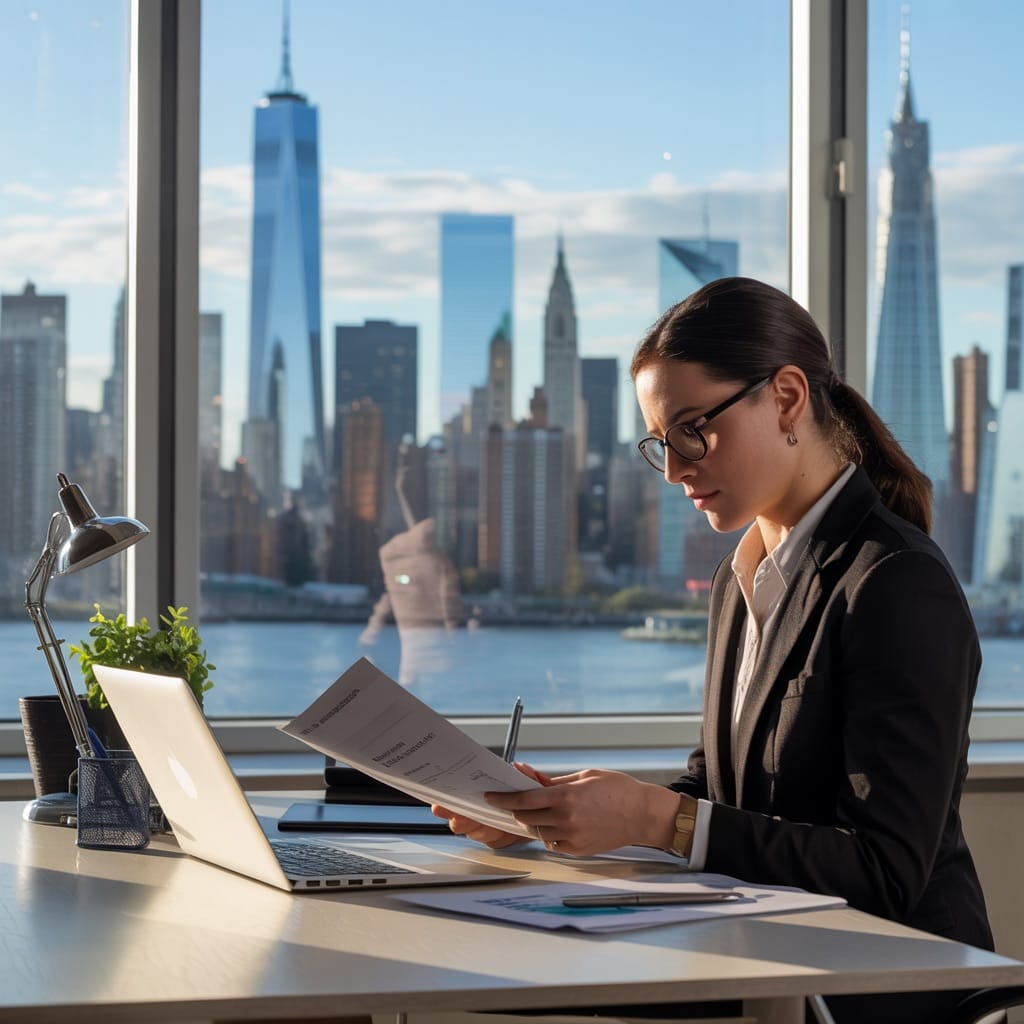 A business professional working at a desk with a laptop and documents, explaining what is title insurance with the New York City skyline visible through a window behind them.