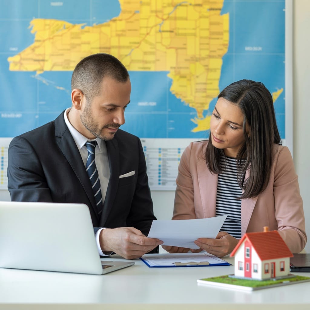 A real estate agent and client reviewing documents at a desk with a laptop and a small model house, with a map of New York and New Jersey in the background.