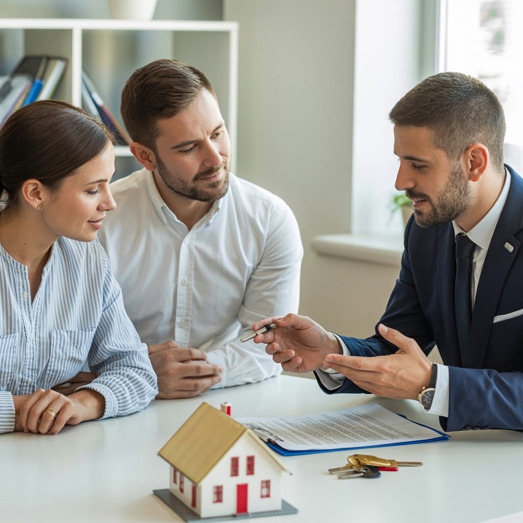 A real estate agent explaining property documents to a couple in an office with a house model and keys on the desk.