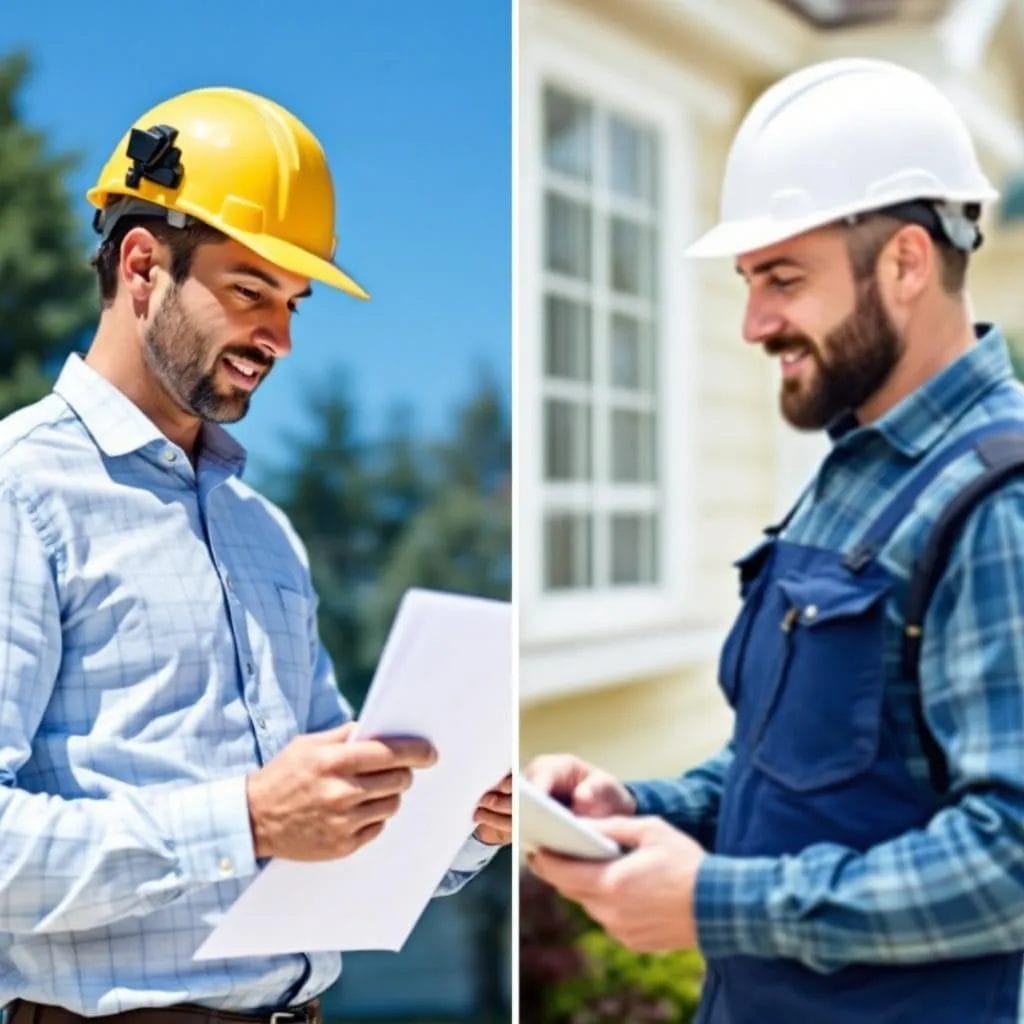 An appraiser reviewing documents and a home inspector examining a house exterior side by side.
