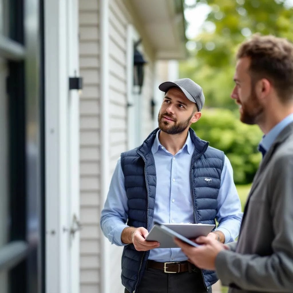 A home inspector examines a house exterior with a clipboard while an appraiser takes notes on a tablet nearby in a residential neighborhood.