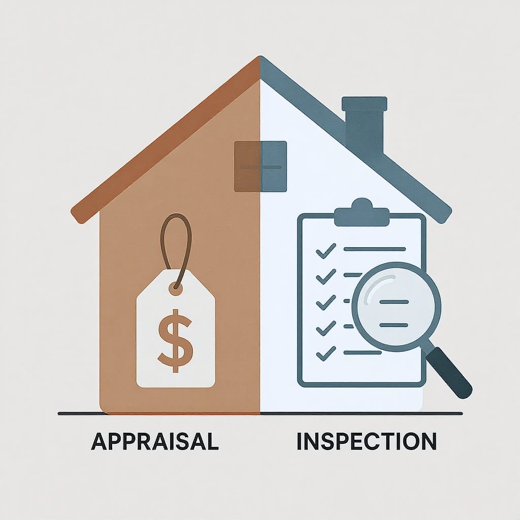 Illustration comparing a home appraisal vs inspection with house, clipboard, and measurement icons.