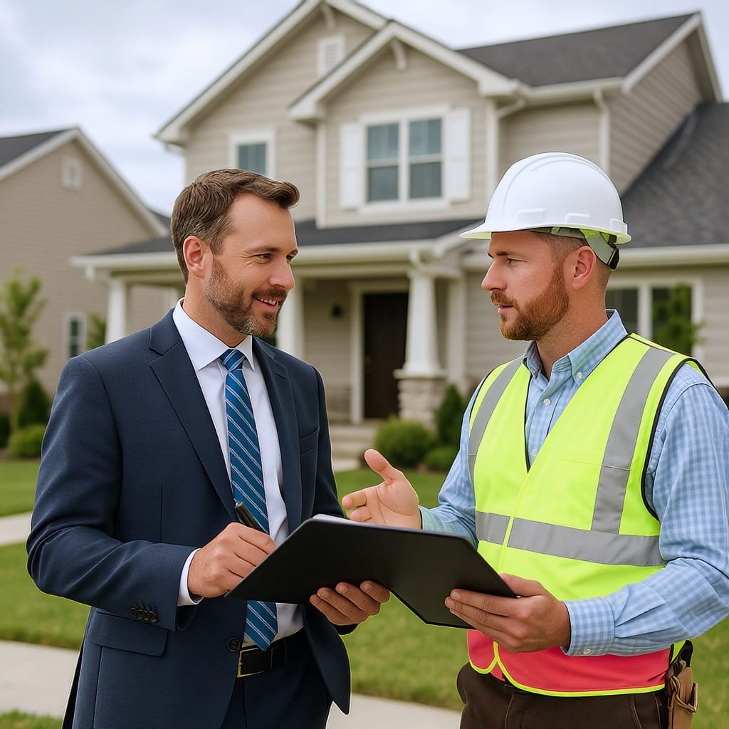 Two real estate professionals, an appraiser and an inspector, discussing outside a modern suburban house.