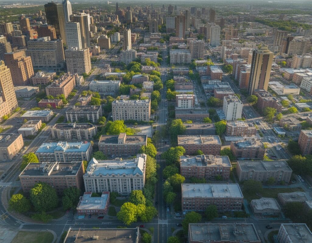 A detailed aerial view of Newark city showing five distinct neighborhoods with buildings, streets, and parks.