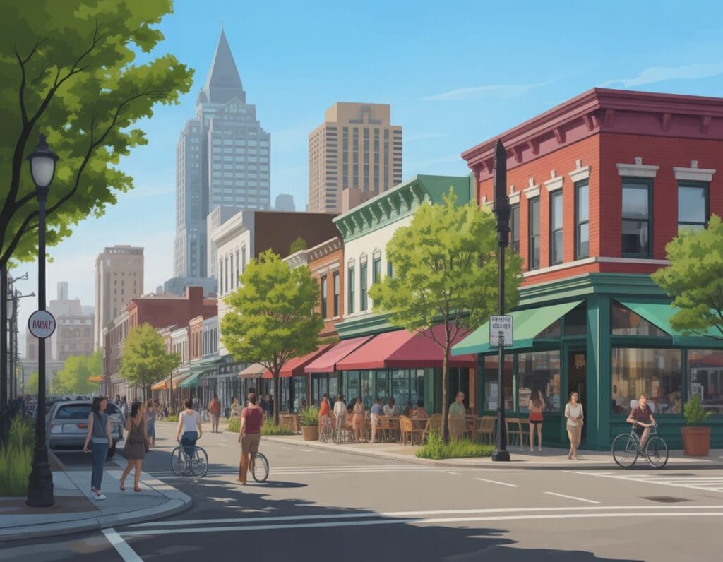 A lively Newark neighborhood street with people walking and biking among shops and trees under a clear sky.