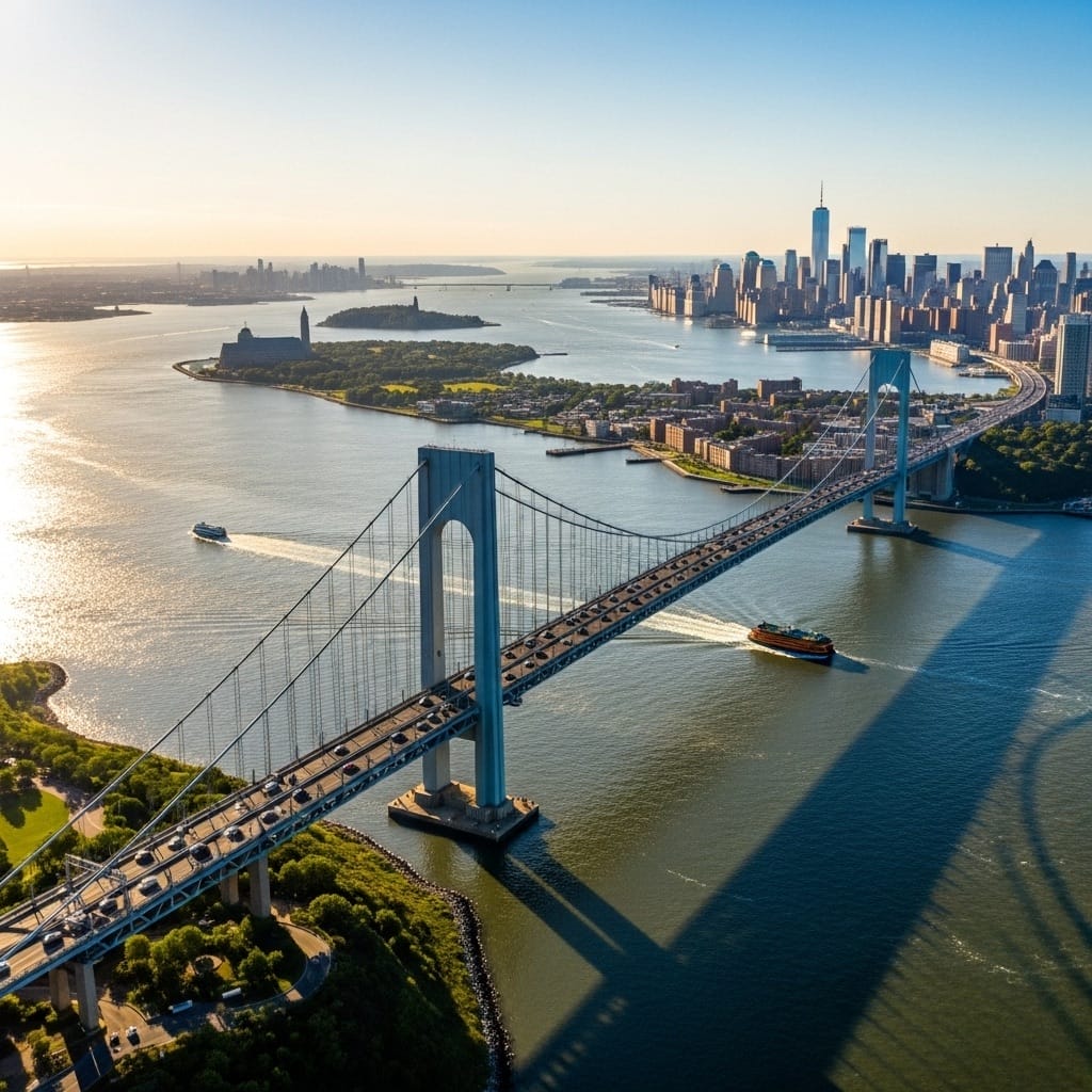 Aerial view of Verrazzano Bridge connecting Staten Island and Brooklyn with NY/NJ residential neighborhoods below.