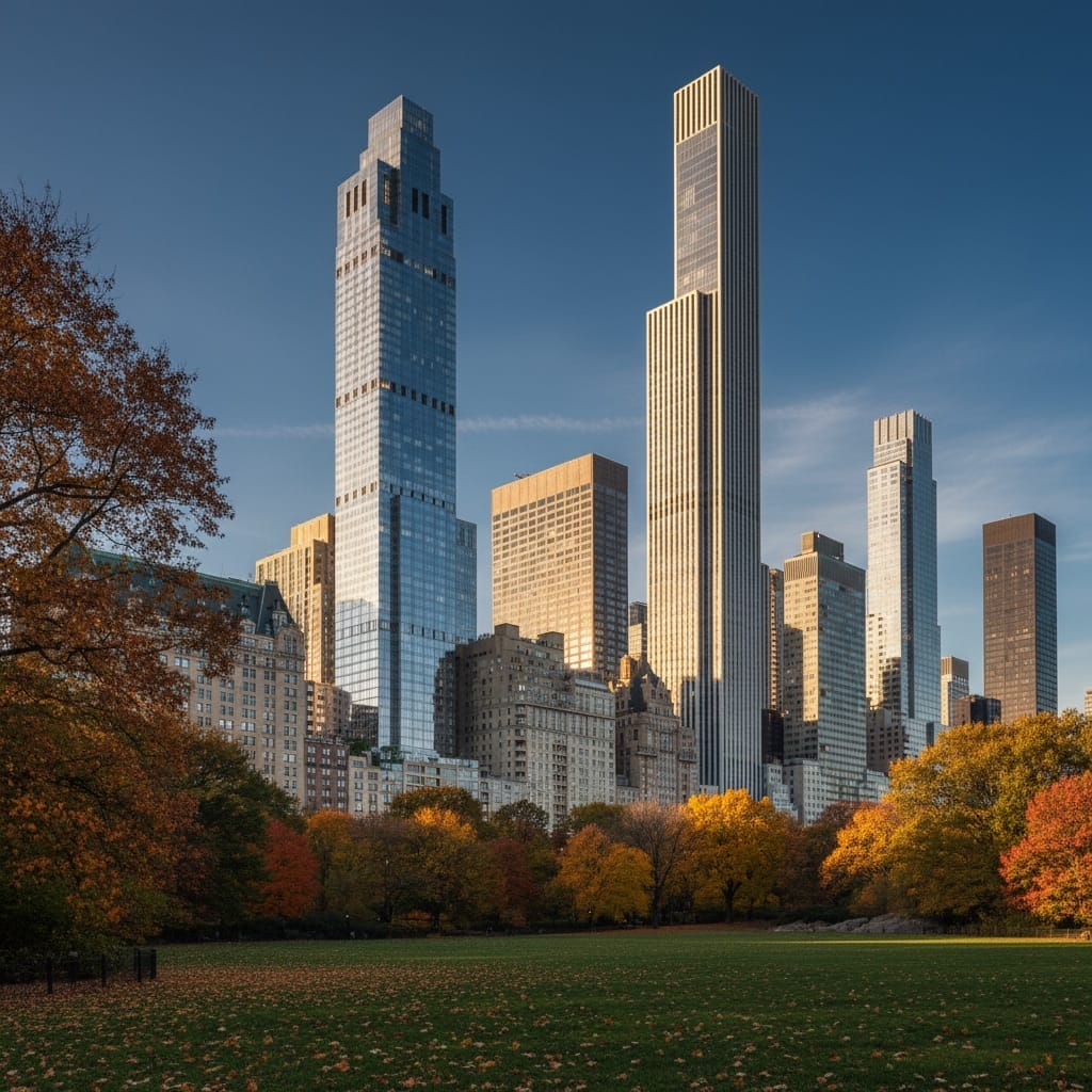 Central Park South billionaires row luxury high rise buildings.