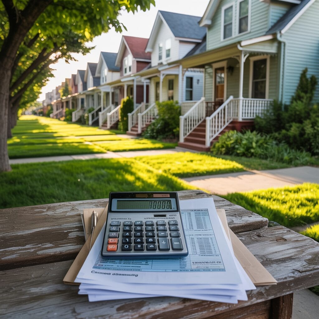 Staten Island residential homes with tax documents and calculator showing homeownership tax benefits and deductions.