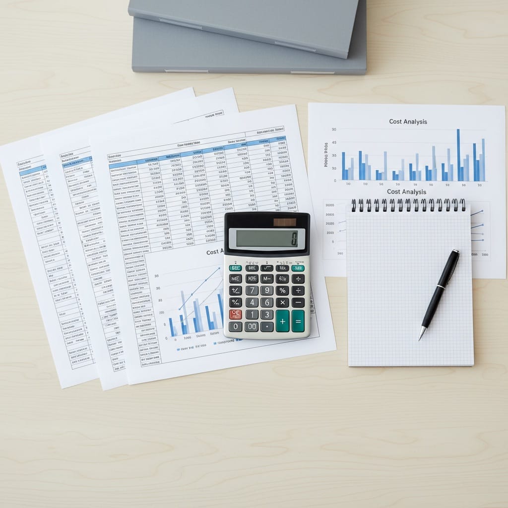 Professional financial planning workspace showing budget spreadsheets and charts for closing cost reduction strategies.