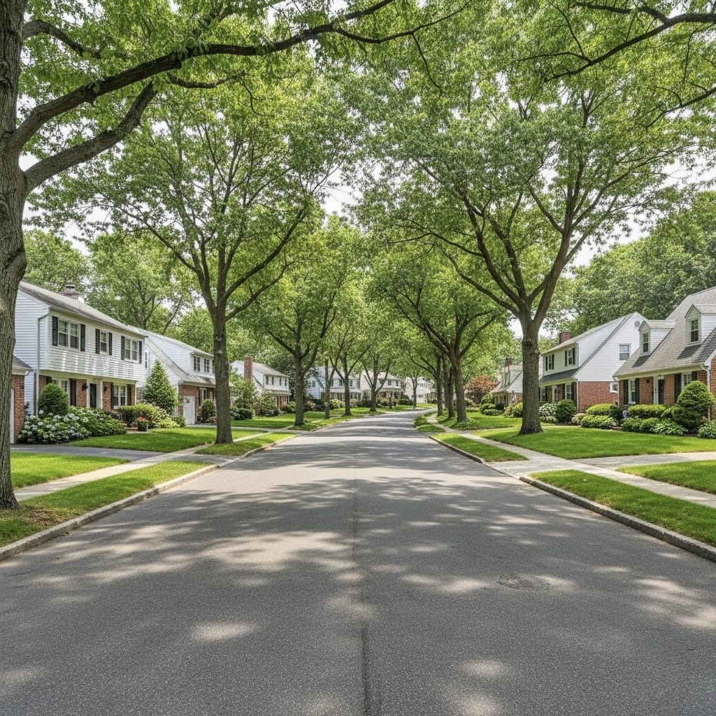 Tree-lined residential street with single family homes in Great Kills Staten Island neighborhood