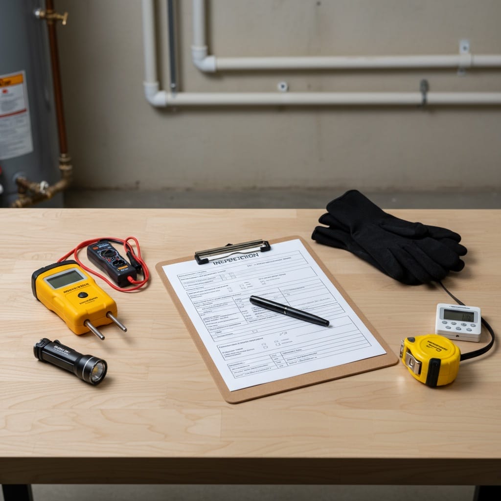 Professional home inspector evaluating TLC property condition with inspection tools and checklist.