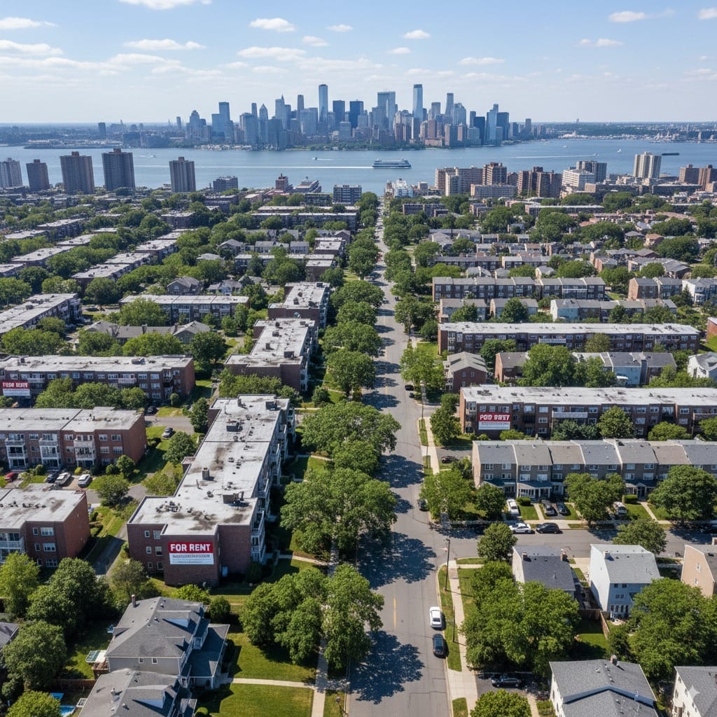 Staten Island residential neighborhood with apartment buildings and single-family homes near waterfront showing rental properties and Staten Island Ferry in background.