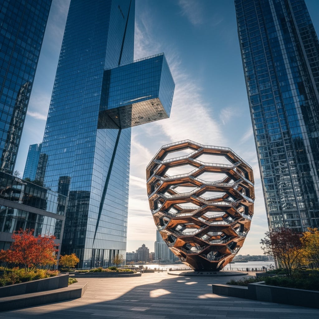 Hudson Yards Edge observation deck Vessel sculpture luxury development.