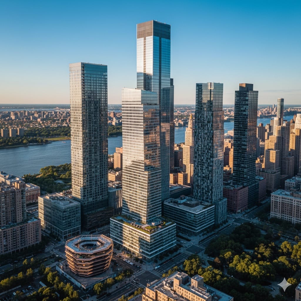 Hudson Yards luxury condominiums Manhattan skyline aerial view.