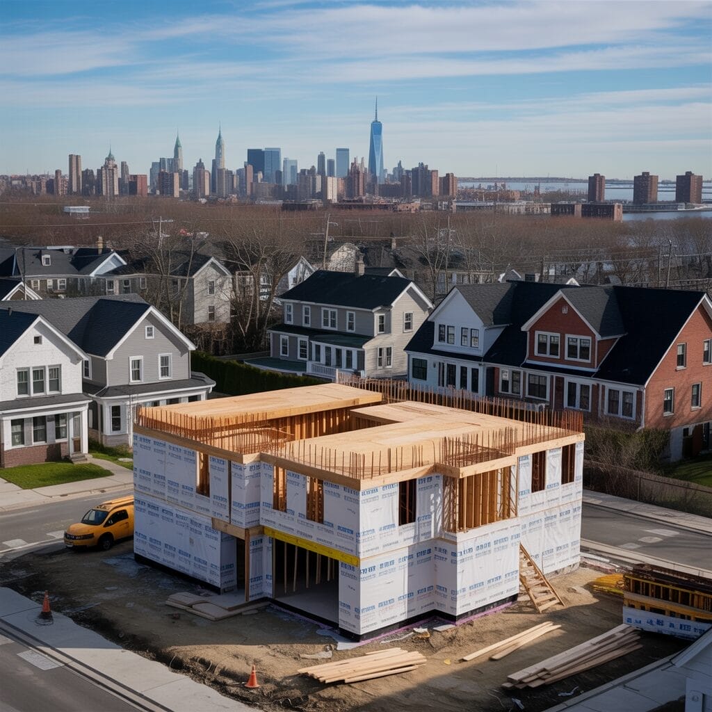 Staten Island residential construction site showing new home building process next to existing suburban homes with NYC skyline in background.