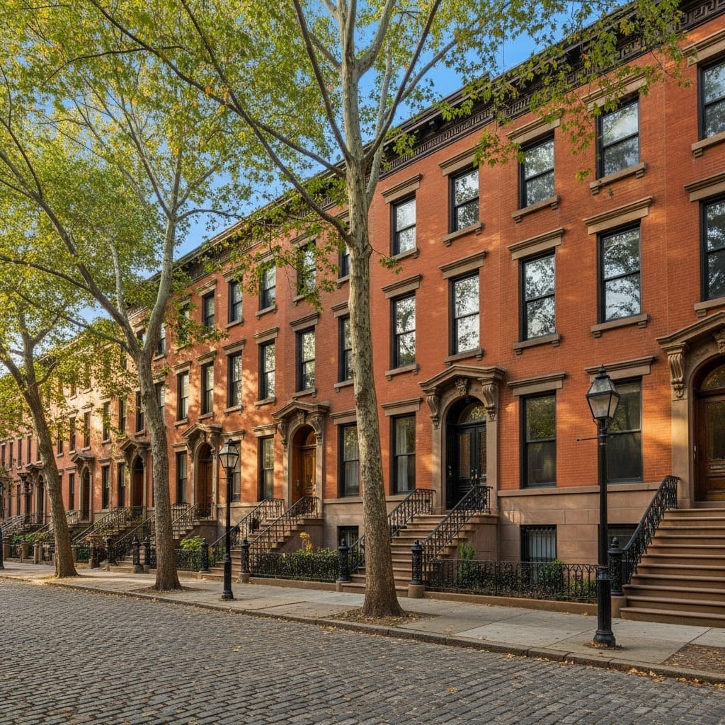 Tree-lined street with Victorian brownstone homes in the best neighborhoods in jersey city.