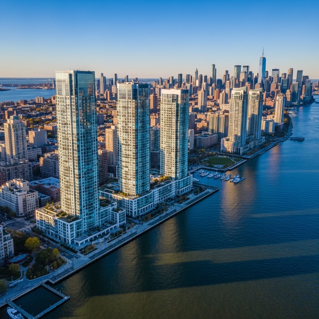 Aerial view of Jersey City waterfront skyline with Newport towers and Manhattan skyline in background.