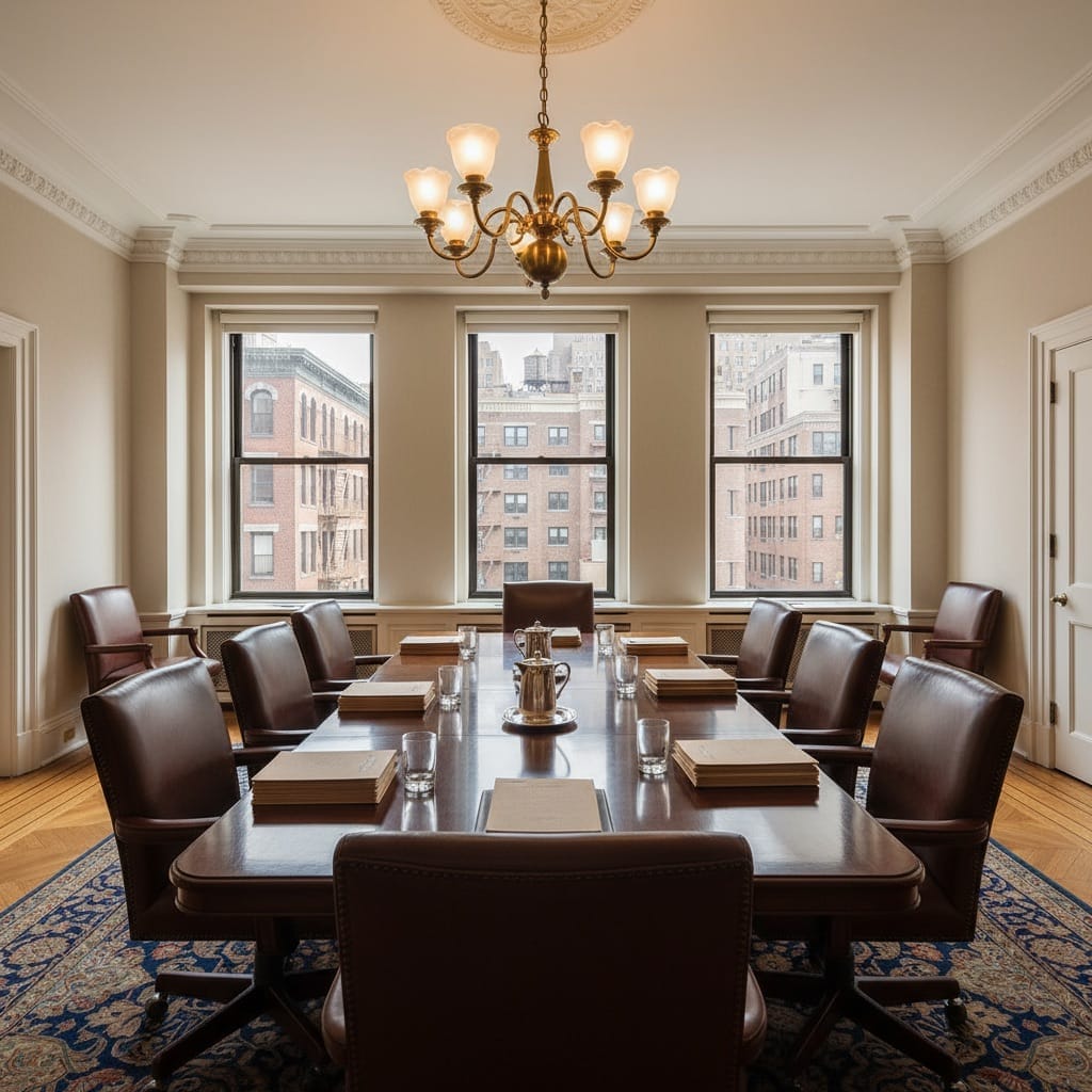 Elegant co-op board meeting room with conference table and NYC apartment building architectural details visible through windows.