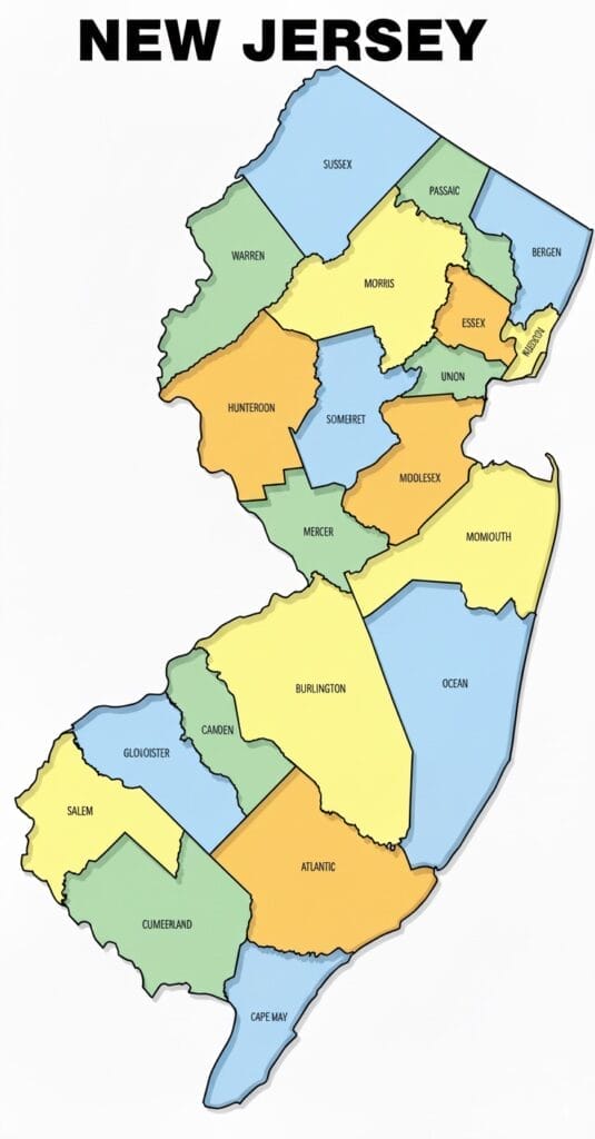 Simple outline map of New Jersey showing county boundaries for closing cost variations across the state.
