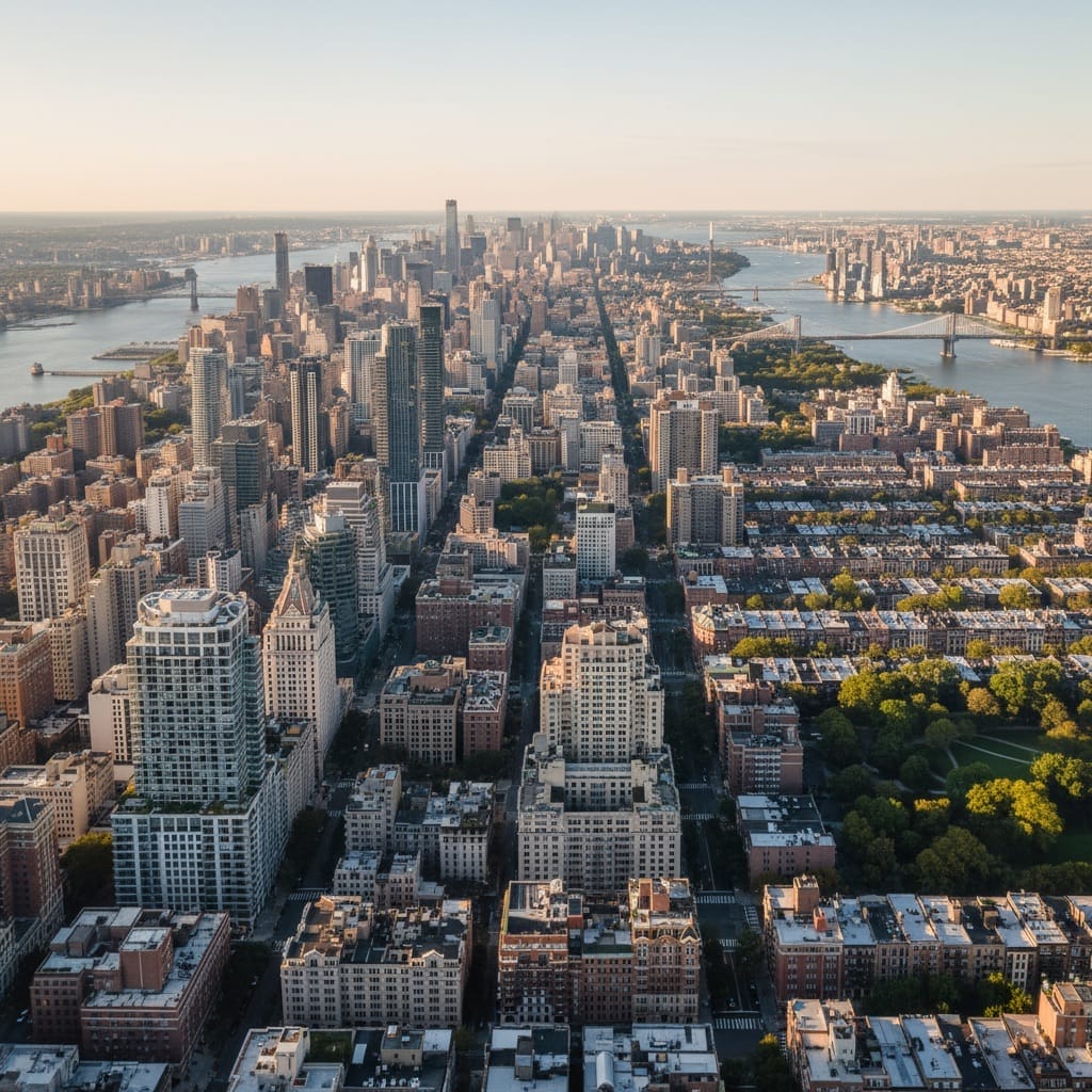 New York City skyline showcasing residential neighborhoods with Manhattan towers and Brooklyn brownstones representing the diverse housing market for selling a house in new york.